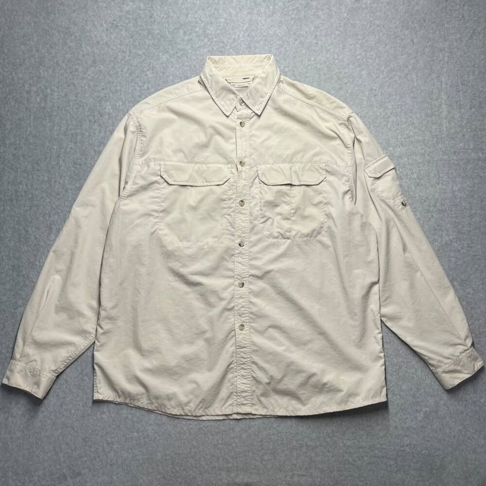 REI Shirt Men's Large Tan Sahara Button Down Vented Fishing Hiking UPF 30+ beige